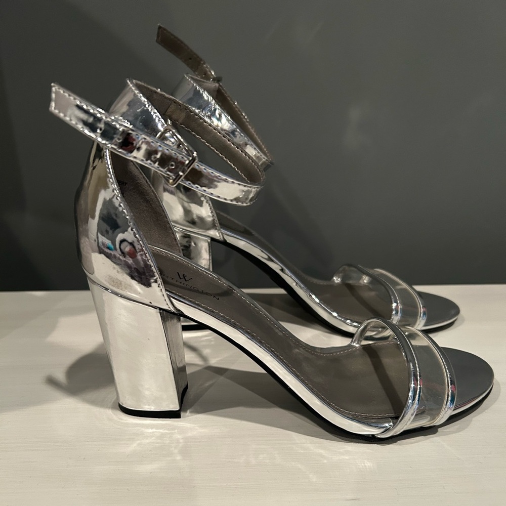 Silver Strappy Block Heel Sandals, never worn. 
It’s prom and wedding season!
